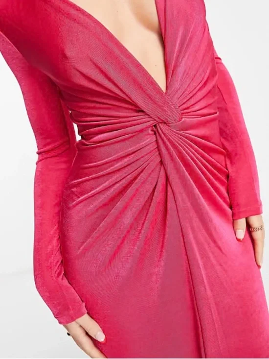 Mango Pink Deep V Twist Front Maxi Long Sleeve Bodycon Slit Dress - Picture 4 of 8